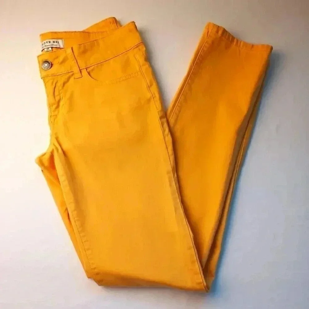 I Love H81 Women Low Rise Skinny Jeans Yellow Size 26/2 Mustard Stretch Y2K